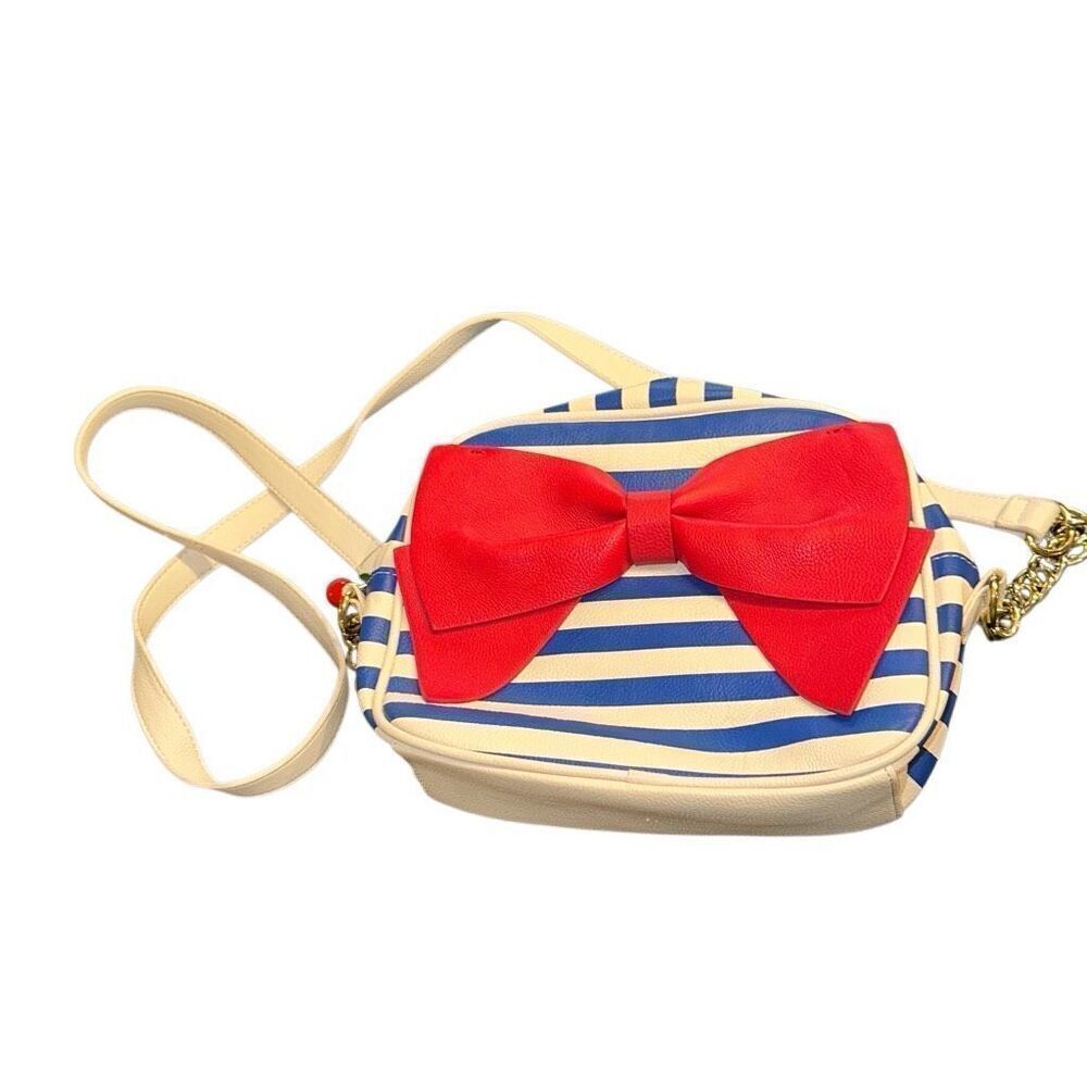 Vintage Betsey Johnson Red Bow Crossbody Handbag/Purse Blue & White Cherries